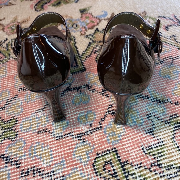 Womens FRANCO SARTO Thick heeled PUMPS W/ Buckle Strap Brown Suede & Patent!👠❤️ - Picture 7 of 10